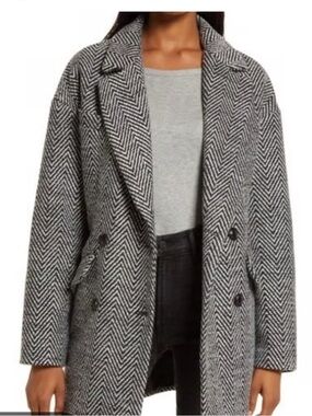 LOFT Black & White Herringbone Double-Breasted Blazer Coat NWOT